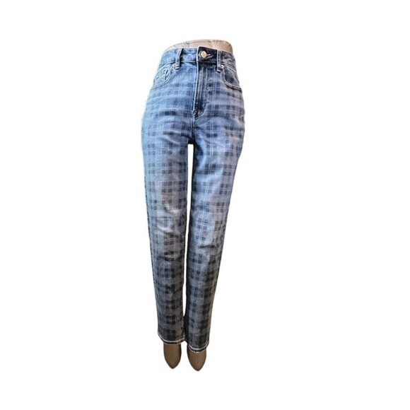 American Eagle Jeans Women 0 Blue Plaid Skinny Mid Rise Stretch (W22 L27) - Picture 1 of 15